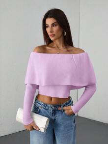 EURMUSE Casual Off Shoulder Bardot Ruffle Neckline Long Sleeve Sweater - Baby Pink - View 6