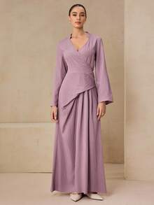 Graceveil Women's Casual Textured Fabric Cross Collar Cinched Waist Dress With Back Tie, Purple, Autumn/Winter - Purple - View 4