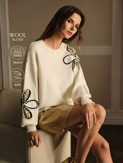 MOTF PREMIUM SUÉTER TIPO PULLOVER CON BORDADO DE LENTEJUELAS EN CONTRASTE