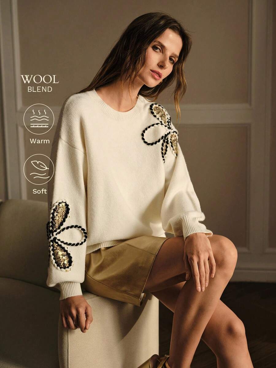 MOTF PREMIUM SUÉTER TIPO PULLOVER CON BORDADO DE LENTEJUELAS EN CONTRASTE