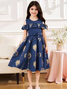 Tween Girl Noble Patterned Fashionable Cold Shoulder Top & Belted Skirt Summer Holiday - Navy Blue - View 3