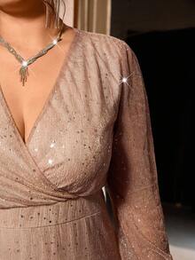 Cravure Plus Size Women Luxury Party Ruffle Collar Glitter Fabric Long Sleeve Dress - Champagne - View 6