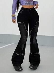 StreetHx Jeans de campana con roturas y tachuelas de moda casual para mujer - Negro - Ver 4
