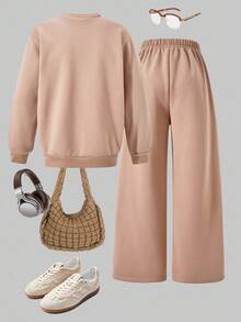 2 Stücke/Set Mädchen Lässig Minimalistisch Los Angeles Grafik Fleece Rundhals Langarm Sweatshirt und Weite Hose, Herbst/Winter