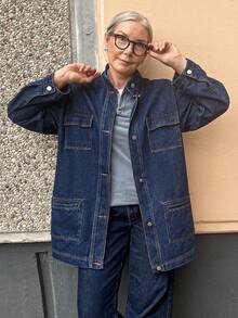 Vivie Lora Women's Loose Fit Long Sleeve Single-Breasted Multi-Pocket Casual Mid-Length Denim Jacket - Grey - View 4