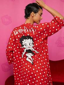 Betty Boop x SHEIN 夏季波尔卡圆点爱心图案七分袖红色睡袍，休闲、性感、可爱风格，适合秋季