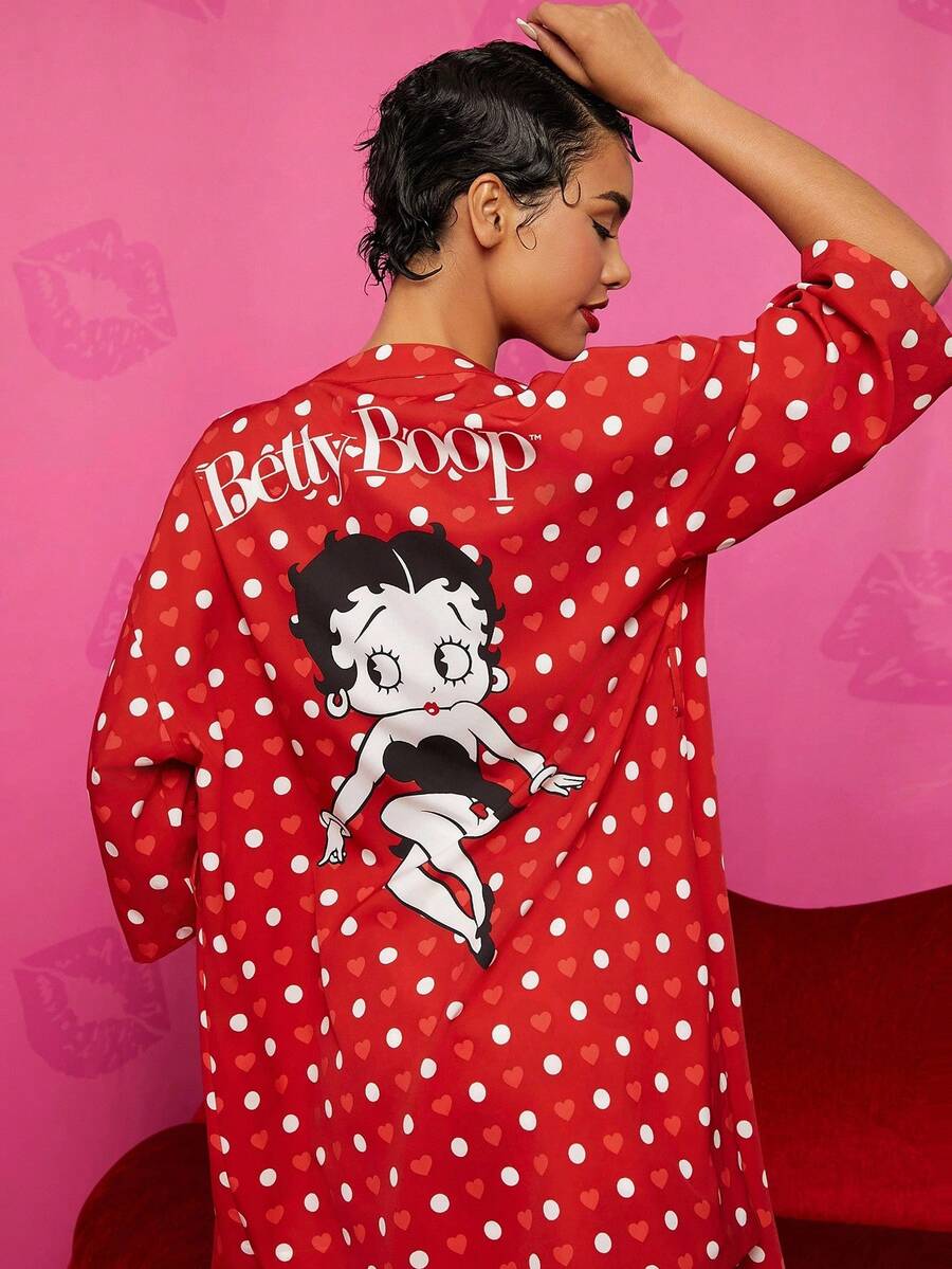 Betty Boop x SHEIN 夏季波尔卡圆点爱心图案七分袖红色睡袍，休闲、性感、可爱风格，适合秋季