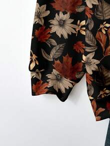 EMERY ROSE Plus Size Women Vintage Brown Maple Leaf Print Sweatshirt, Autumn Fall Top Winter - Multicolor - View 4