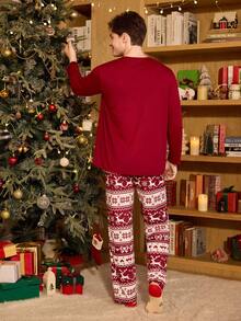 CoupledUp Conjunto de pijama de hombre con estampado de elementos navideños, pantalón y sudadera de manga larga, ropa de otoño e invierno - Burdeos - Ver 6