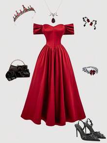 SHEIN MOD 露肩系带腰部中长连衣裙，酒红色 - 紅色 - 查看 1