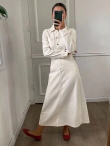 DAZY Váy denim túi trơn màu thường ngày cho nữ, mùa thu - Màu be - Xem 3