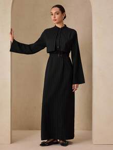Graceveil Elegant Black Woven Casual Striped Flared Collar Button Waist Belt Long Evening Dress, Autumn - Black - View 4