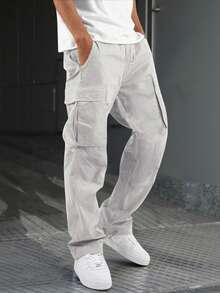 Manfinity Homme 男士纯色工装口袋直筒休闲裤，秋季 - 銀色 - 查看 3