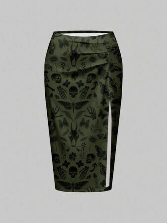 Goth Falda larga con abertura alta de talla grande, estampado completo de estilo gótico, misterioso y terrorífico para Halloween