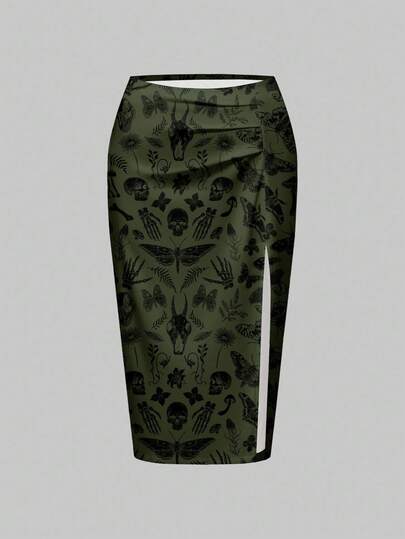 Gothic Dark Mysterious Horror Halloween Full Print Plus Size High Slit Skirt