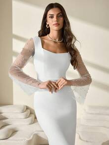 CLARA VERO 女士优雅束腰珍珠细节长裙 - 白色 - 查看 2