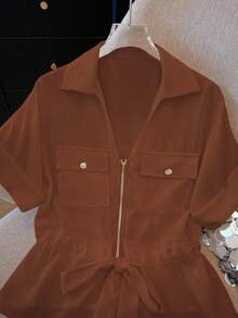 SHEIN LUNE 女式简约纯色前拉链抽绳系带短袖衬衫 - 棕色 - 查看 7