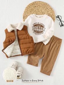 Cozy Pixies 3pcs Baby Boy Letter Print Knit Soft Crew Neck Long Sleeve Hoodie, Sleeveless Vest, Elastic Waist Pants Thick Thermal Lined Set, Suitable For Autumn/Winter Outings Fall