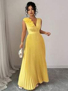 Elenzga 加大码性感奶油黄色花卉 3D 褶皱 A 字形 V 领连衣裙，优雅精致