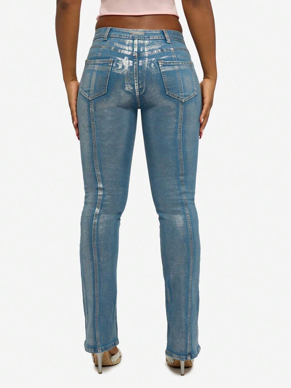 SUMWON Cotton Metallic Shimmer Denim Boot Cut Jeans Fall Winter Party Trouser With Front Zipper Pockets Vertical Lines Retro Style