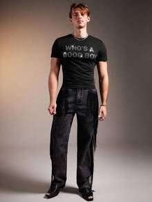 FeverCity Men's Rhinestone Embellished Crew Neck Short Sleeve T-Shirt - Black - View 5