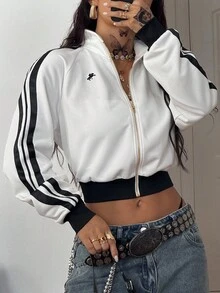 Coolane 女士秋季街头服饰简约基本款日常运动服返校节条纹纹理装饰白色短款运动衫夹克 - 白色 - 查看 5