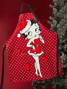 Betty Boop x SHEIN 1 pieza Delantal para adultos con estampado de lunares y figuras de dibujos animados, de material impermeable y resistente al aceite, cómodo y suave, esencial para la cocina y la repostería, adecuado para hombres y mujeres
