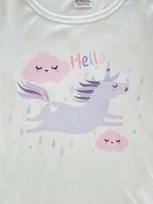 SHEIN 3 件套女童柔软舒适独角兽、云朵、雨滴印花贴身长袖上衣和裤子睡衣套装，秋冬 - 紫色 - 查看 4