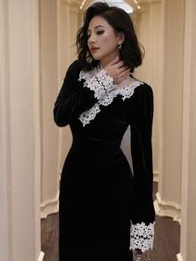 DAZY 女士优雅蕾丝拼接中长款派对礼服，秋季舞会嘉年华礼服 - 黑色 - 查看 5