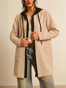 SHEIN LUNE 加大码女式冬季连帽外套，杏色和黑色纹理面料，秋季外出休闲外套，保暖 - 杏色 - 查看 6