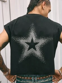 AXEPEAK Men's Fashionable Star Rhinestone Decor Tank Top, Summer - Black - View 3