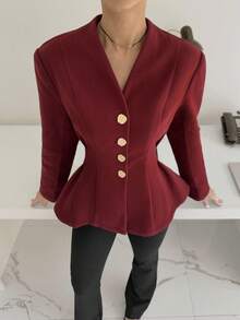 Siren Gaze Women's Solid Color Long Sleeve Single-Breasted Waist Cinched Elegant Jacket, Autumn/Winter Christmas New Year Red Burgundy - Burgundy - View 2