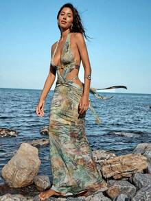 Opulessa 女士热带植物印花镂空腰性感沙滩裙 - 彩色 - 查看 4