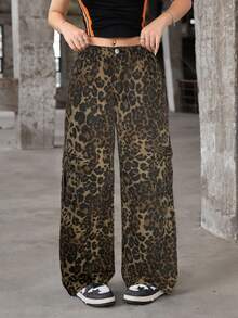 SHEIN Teen Girl Leopard Print Wide Leg Cargo Jeans Fall Winter - Brown - View 6