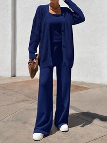 EURMUSE Women 3 Pieces Set TOP CARDİGAN AND PANTS - Navy Blue - View 4