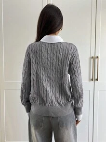 Aloruh Women's Autumn/Winter New Arrival College Style Cable Gray Twist Knit Loose Fit Crew Neck Sweater,Fall - Dark Grey - View 2