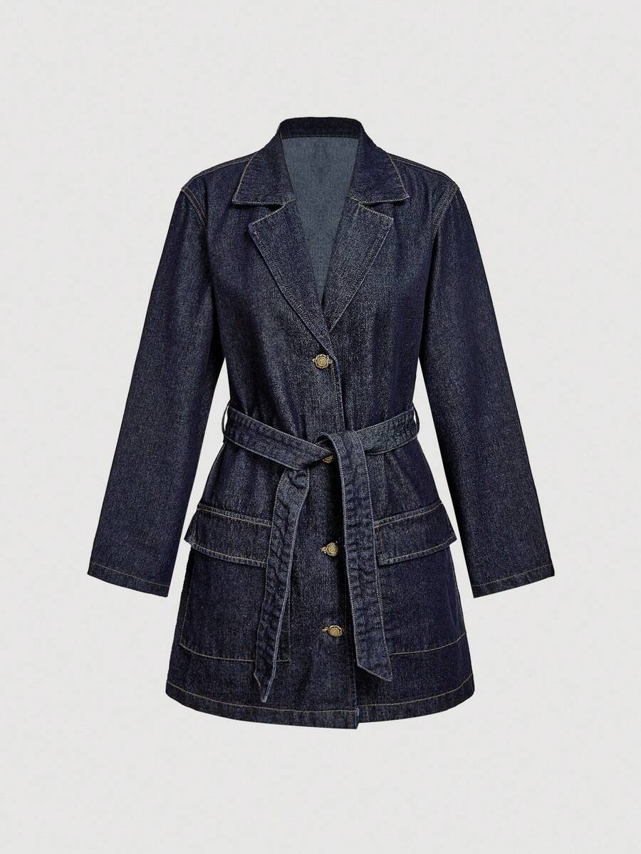 Sweetra 带领、口袋和腰带的休闲通勤牛仔夹克 - 深色水洗藍 - 查看 1
