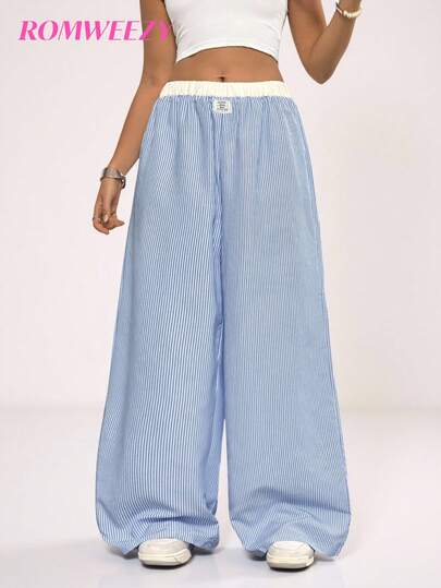 Sparklyn Teens' Casual All-Match Versatile Vacation Everyday Street Sporty Contrast Colorblock Waistband Striped Loose Pants Blue Striped Pants Wide Leg Pants Fall Winter