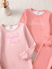 4pcs Girls Cute & Elegant Casual Comfortable Pink Solid & English Graffiti Print Crew Neck Long Sleeve Top & Pants Homewear Set - Multicolor - View 4