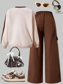 2pcs/Set Teenage Girls Casual Fashion Vacation Streetwear V-Neck Raglan Sweatshirt And Wide Leg Cargo Pants, Autumn/Winter Fall