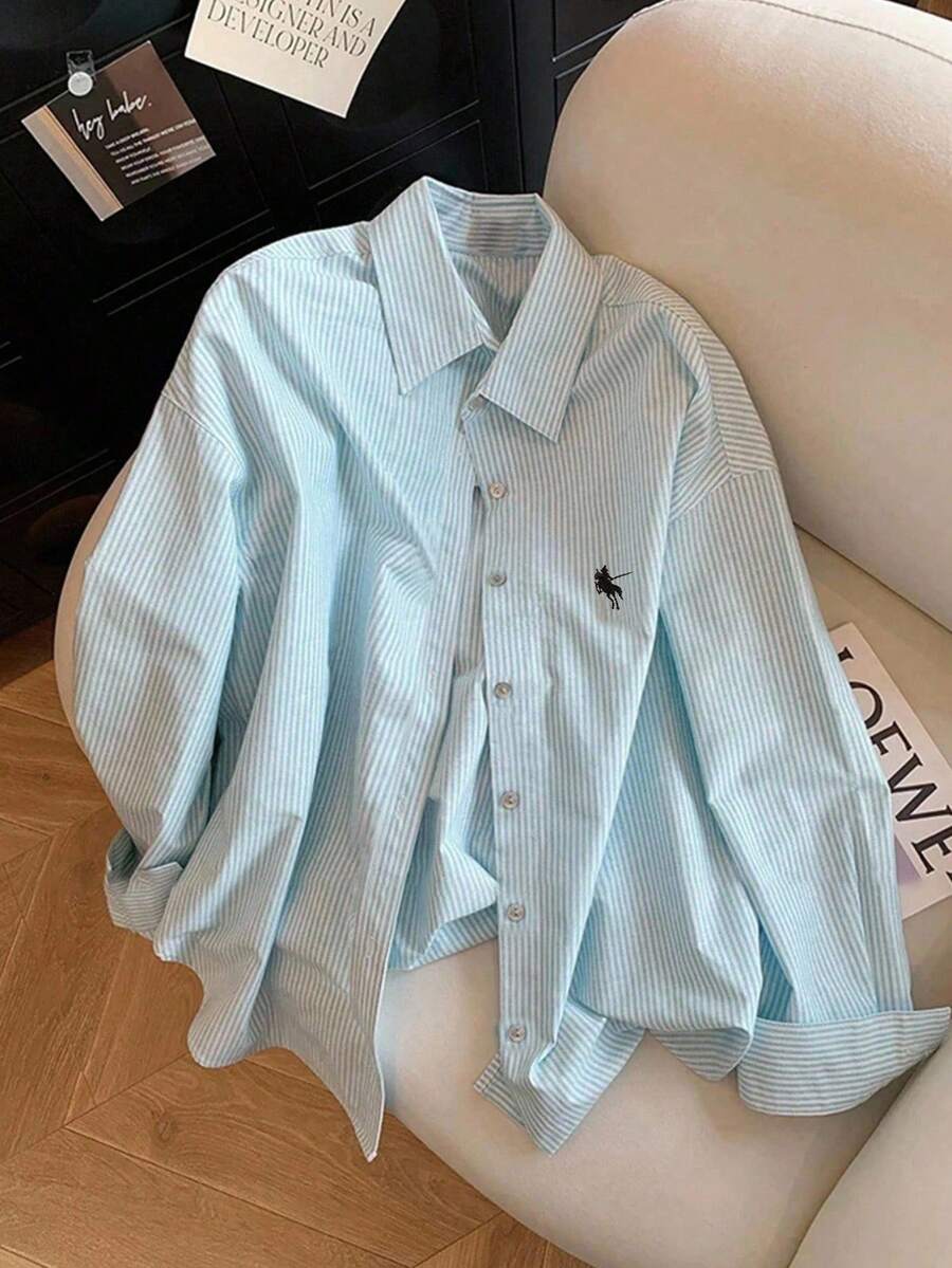 SHEIN New Striped Retro Minimalist Fashion Single-Breasted Long Sleeve Plus Size Women Shirt