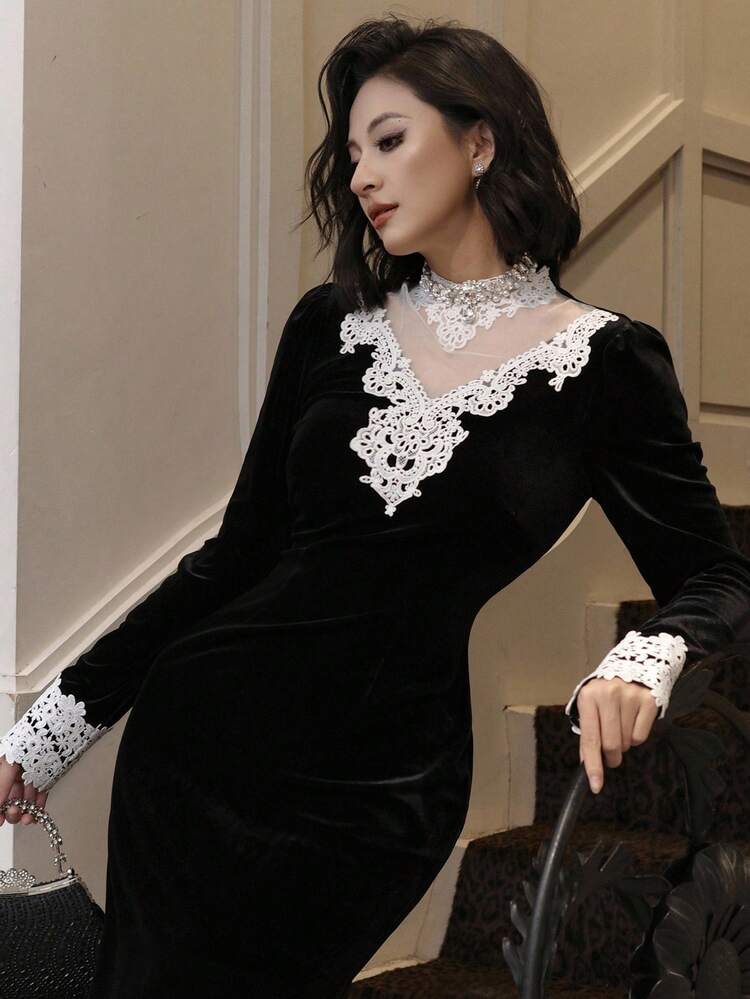 Women's Elegant Lace Patchwork Mid-Length Party Dress, Autumn Prom Dress Carnival