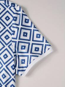 Manfinity Homme Men Vacation Geo Print Quarter Zip Collar Polo Shirt, For Husband - Blue and White - View 3