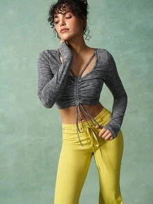 VARSIVA Áo ba lỗ thể thao dài tay nhún bèo vai trơn màu cho nữ - Xám - Xem 10