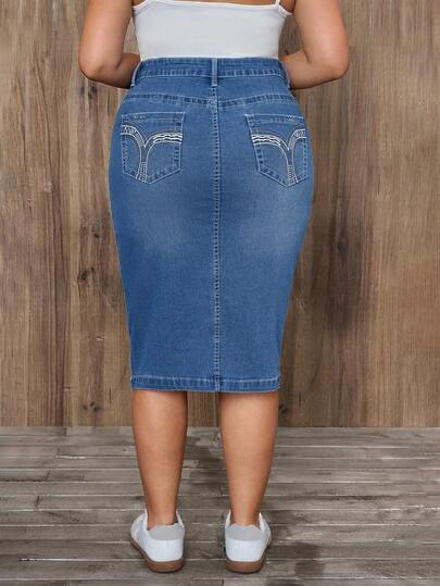 EMERY ROSE Plus Size Women Vintage Washed Denim Mini Skirt, Autumn/Winter