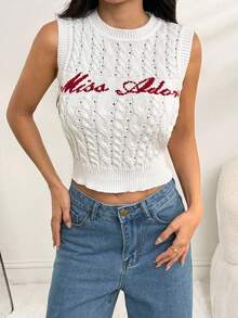 SHEIN PETITE 女士无袖字母图案针织上衣、返校服装、羊毛上衣、冬季女装、可爱羊毛背心、新年毛衣 - 白色 - 查看 8