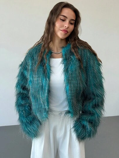 Aloruh Women's Loose Fit Long Sleeve Open Front Faux Fur Jacket, Winter