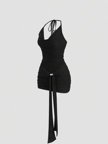 Sweetra Y2K Sexy Turtleneck Metal Buckle Pleated Backless Halter Dress - Black - View 3