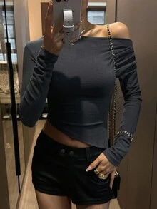 DAZY Áo thun nữ dáng ôm, viền bất đối xứng, quần áo mùa thu dài tay cho nữ - Màu xám đen - Xem 9