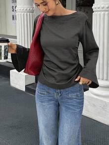 EMERY ROSE 女士休闲/办公室喇叭袖纯色衬衫 - 深灰色 - 查看 4